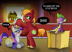 Size: 1280x914 | Tagged: explicit, artist:lennonblack, applejack, rarity, spike, barn, barn sex, big macintosh, blowjob, blushing, caught, dragon, earth pony, female, foalcon, g4, group sex, imported from derpibooru, makeup, male, mare, masturbation, nudity, oral, penis, pony, running makeup, sex, ship:rarimac, shipping, stallion, straight, unicorn, watching