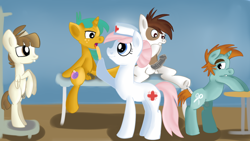 Size: 1280x720 | Tagged: explicit, artist:jbond, anal insertion, balls, bipedal, colt, earth pony, featherweight, female, foal, foalcon, g4, hospital, imported from derpibooru, insertion, male, mare, nudity, nurse redheart, open mouth, pegasus, penis, pipsqueak, pony, rectal thermometer, sitting, snails, snips, spread legs, spreading, thermometer, unicorn