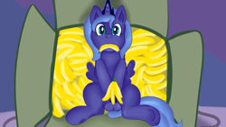 Size: 1280x720 | Tagged: explicit, artist:jbond, princess luna, alternate version, balls, banana, box, female, filly, filly luna, foal, foalcon, food, futa, futa princess luna, g4, imported from derpibooru, intersex, mouth hold, nudity, penis, pony, s1 luna, sitting, solo, solo futa, spread legs, spreading, underhoof, younger