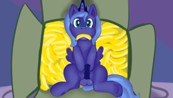 Size: 1280x720 | Tagged: explicit, artist:jbond, princess luna, alicorn, alternate version, banana, box, female, filly, filly luna, foal, foalcon, food, futa, futa princess luna, g4, imported from derpibooru, intersex, mouth hold, nudity, penis, pony, s1 luna, sitting, solo, solo futa, spread legs, spreading, underhoof, younger