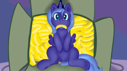 Size: 1280x720 | Tagged: explicit, artist:jbond, princess luna, alternate version, banana, box, female, filly, filly luna, foal, foalcon, food, g4, imported from derpibooru, mouth hold, nudity, s1 luna, sitting, solo, solo female, spread legs, spreading, underhoof, vulva, younger