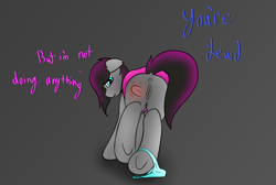 Size: 2756x1847 | Tagged: explicit, artist:scarrly, oc, oc:scarrly, anus, bat pony, blue underwear, butt, clothes, cutie, dialogue, dock, female, filly, foal, foalcon, hoofprint, imported from derpibooru, mussy, nudity, oc only, panties, panties around leg, panties pulled down, plot, ponut, spank mark, spanked, underhoof, vulva