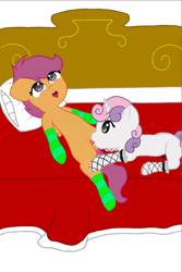 Size: 500x750 | Tagged: explicit, artist:foallover7777, scootaloo, sweetie belle, clothes, cunnilingus, female, filly on filly, foalcon, g4, imported from derpibooru, legwear, lesbian, licking, nudity, oral, sex, simple background, socks, stockings, thigh highs, tongue out, vulva