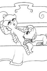 Size: 500x750 | Tagged: explicit, artist:foallover7777, scootaloo, sweetie belle, black and white, clothes, cunnilingus, female, foalcon, g4, grayscale, imported from derpibooru, legwear, lesbian, licking, monochrome, nudity, oral, sex, simple background, socks, stockings, thigh highs, tongue out, vulva
