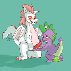 Size: 1500x1500 | Tagged: explicit, artist:crade, spike, age difference, anal insertion, blowjob, blushing, buttplug, dildo, dildo sitting, dragon, dragon dick, dragon dildo, fizzle, foalcon, g4, gay, holding head, imported from derpibooru, insertion, large insertion, male, nudity, oral, penis, sex, sex toy, spizzle