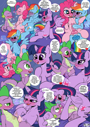 Size: 1417x2006 | Tagged: explicit, artist:kyokimute, pinkie pie, rainbow dash, spike, twilight sparkle, comic:to all my fans..., abdominal bulge, alicorn, anal, anus, balls, blushing, comic, cum, cumming, curled toes, dialogue, dickgirl, earth pony, foalcon, french kiss, futa, futa on futa, futa on male, futa pinkie pie, futa rainbow dash, futa twilight sparkle, g4, glazed dick, group sex, heart eyes, horsecock, imported from derpibooru, intersex, kissing, male, nudity, orgy, pegasus, penis, ponut, pony, pony on dragon action, sex, ship:pinkiedash, ship:twispike, shipping, wingding eyes