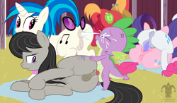 Size: 1500x878 | Tagged: explicit, artist:blargsnarf, pinkie pie, rarity, spike, anal, anal creampie, anus, baby, baby dragon, baby dragon on mare, balls, barn, bedroom eyes, big balls, big macintosh, blanket, bowtie, creampie, cum, cum fart, dark genitals, dildo, dj pon-3, dock, doubleheaded dildo, dragon, dragon dick, dragon on pony action, earth pony, eyes closed, facial, female, fetish, foalcon, funny porn, g4, group sex, hands free, horse collar, imported from derpibooru, insertion, interspecies, lesbian, looking back, male, mare, missionary position, nudity, octavia melody, on side, orgasm, orgy, penis, ponut, pony, raised tail, sex, sex toy, ship:raripie, ship:spiketavia, ship:vinylspike, shipping, show accurate, show accurate porn, simultaneous orgasm, size difference, stallion, straight, sunglasses, tail, threesome, too hot for putin, unicorn, vaginal insertion, vaginal orgasm, vaginal secretions, vinyl scratch, vulva, wingless spike