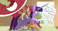 Size: 3433x1857 | Tagged: explicit, artist:mackstack, apple bloom, scootaloo, sweetie belle, twilight sparkle, ahegao, alicorn, applecest, balls, bedroom eyes, big balls, big crotchboobs, blank flank, breast milk, breastfeeding, cervical penetration, clopfic in description, creampie, crotchboob squeeze, crotchboobs, cum, cum in uterus, cum inflation, cumming, cutie mark crusaders, drinking, dry orgasm, dry vaginal orgasm, dubious consent, estrus, female, female orgasm, filly, filly on filly, filly on mare, foal, foalcon, futa, futa apple bloom, futa filly on mare, futa on female, g4, horn, horsecock, huge crotchboobs, implied applecest, implied applejack, implied bloomjack, implied flurry heart, implied incest, implied lesbian, implied shipping, implied twijack, imported from derpibooru, impossibly large balls, impossibly large crotchboobs, impossibly large horn, impregnation, incest, inflation, internal, internal cumshot, intersex, lactation, mare on filly, mare on mare, milk, milk squirt, milking, nipple stimulation, nipples, nudity, open mouth, orgasm, penetration, penis, pony, riding, sex, ship:scootabelle, ship:scootatwi, ship:twibelle, ship:twibloom, ship:twijack, shipping, simultaneous orgasm, speech bubble, spread wings, story included, suckling, too hot for putin, tribadism, twilight is a foal fiddler, uterus, uterus inflation, vaginal, vaginal creampie, vein, veiny cock, wingboner, wingding eyes, wings, x-ray