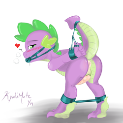 Size: 3150x3150 | Tagged: explicit, artist:kyokimute, spike, anus, ballgag, bent over, blushing, bondage, cuffs, dragon, drool, foalcon, g4, gag, heart, high res, imported from derpibooru, looking at you, looking back, male, malesub, nudity, penis, raised tail, simple background, solo, solo male, spreader bar, submissive, suspended, tail, tail holder, tail wrap