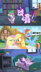 Size: 1500x2628 | Tagged: questionable, applejack, fluttershy, rainbow dash, spike, starlight glimmer, age difference, angry, bed, bedroom, bedroom eyes, card, chillaxing, comic, dragon, earth pony, edit, edited screencap, every little thing she does, flirting, foalcon, g4, hundreds of users filter this tag, imported from derpibooru, interspecies, just do it, male, meme, my little pony: friendship is magic, pegasus, pony, screencap, screencap comic, season 6, sex, ship:sparlight, shipper on deck, shipping, softcore, starlight's room, straight, unicorn, wingless spike, yelling