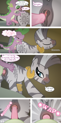 Size: 640x1280 | Tagged: explicit, artist:syoee b, spike, comic:initiations, anus, bedroom eyes, blushing, butt, butt grab, butt touch, clitoris, comic, dark genitals, dialogue, dragon on zebra action, drool, eyes closed, foalcon, g4, grope, hand on butt, imported from derpibooru, insertion, interspecies, looking at each other, looking at you, looking back, looking back at you, male, movement, not rhyming, nudity, penetration, penis, plot, puckered asshole, puffy vulva, raised tail, sex, sex noises, ship:spicora, shipping, straight, tail, tail aside, vagina, vaginal, vaginal insertion, vaginal secretion stain, vaginal secretions, vulva, vulvar winking, zebra, zecora, zecora's hut