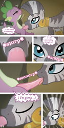 Size: 640x1280 | Tagged: explicit, artist:syoee b, spike, comic:initiations, bedroom eyes, blowjob, blushing, comic, cum, cum in mouth, dialogue, dragon on zebra action, drool, eyes closed, eyes on the prize, foalcon, g4, imported from derpibooru, interspecies, male, nudity, oral, penis, puffy cheeks, sex, sex noises, ship:spicora, shipping, straight, zebra, zecora, zecora's hut