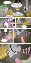 Size: 640x1280 | Tagged: explicit, artist:syoee b, spike, comic:initiations, bedroom eyes, blowjob, blushing, comic, dialogue, dragon on zebra action, drool, foalcon, g4, growth, imported from derpibooru, interspecies, looking at each other, male, not rhyming, nudity, oral, penis, penis expansion, sex, ship:spicora, shipping, straight, zebra, zecora, zecora's hut