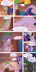 Size: 640x1280 | Tagged: explicit, artist:syoee b, spike, twilight sparkle, comic:initiations, anus, blushing, butt, clitoris, comic, foalcon, g4, golden oaks library, growth, handjob, human vulva on pony, imported from derpibooru, looking at butt, masturbation, nudity, peeping, penis, penis expansion, plot, pony, raised tail, tail, tail aside, twilight sparkle is not amused, unamused, unicorn, unicorn twilight, vagina, vulva, vulvar winking