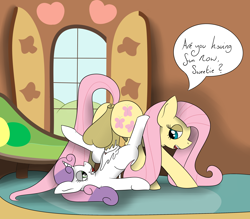 Size: 3200x2800 | Tagged: explicit, artist:mackstack, fluttershy, sweetie belle, balls, big balls, clopfic in description, cum, dead source, excessive cum, fluttershy's cottage, foalcon, futa, futa fluttershy, futa on female, futa on filly, g4, high res, imported from derpibooru, impossibly large balls, intersex, nudity, pegasus, penetration, penis, piledriver, pony, reverse piledriver, sex, ship:flutterbelle, shipping, speech bubble, story included, too hot for putin, unicorn, vaginal
