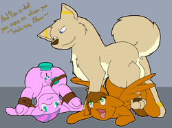 Size: 3000x2226 | Tagged: explicit, artist:shenhibiki, oc, oc:cinnamon stick, oc:shenhibiki, oc:show stopper, anal insertion, anus, bondage, butt, dildo, dog, doggy style, foalcon, from behind, furry, genitals, high res, imported from derpibooru, insertion, interspecies, maledom, nudity, oc only, plot, sex, sex toy, text, too hot for putin, upside down, vibrator, vulva