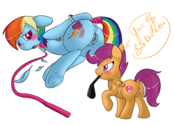 Size: 1000x726 | Tagged: explicit, artist:lildooks, rainbow dash, scootaloo, alternate version, anus, arm behind back, blushing, bondage, bound wings, butt, chains, collar, cuffs, cutie mark, cutiemarking, dashsub, dock, feather, female, femdom, femsub, filly, foal, foalcon, foaldom, frog (hoof), g4, imported from derpibooru, leash, lesbian, mare, mare on filly, mouth hold, nudity, pegasus, pet play, pet-dash, plot, ponut, pony, riding crop, scootadom, ship:scootadash, shipping, spanking, speech, submissive, tail wrap, the cmc's cutie marks, too hot for putin, underhoof, vaginal secretions, vulva, whip marks