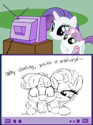 Size: 563x752 | Tagged: explicit, artist:opnioc, rarity, sweetie belle, assisted blowjob, blowjob, crying, exploitable meme, female, foalcon, g4, human, human on pony action, human penis, imported from derpibooru, interspecies, male, meme, nudity, obligatory pony, oral, penis, pony, sex, straight, teaching, traumatized, tv meme