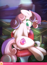 Size: 992x1346 | Tagged: explicit, artist:sip, sweetie belle, aftersex, alternate version, anal creampie, anus, blushing, chair, creampie, crying, cum, cum on body, cum on horn, dock, female, filly, foal, foalcon, g4, horn, implied straight, imported from derpibooru, looking back, nudity, patreon, patreon logo, pony, sitting, solo, solo female, spank mark, spanking, the cmc's cutie marks, underhoof, unicorn, vulva