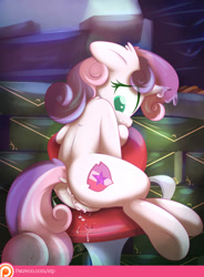 Size: 992x1346 | Tagged: explicit, artist:sip, sweetie belle, alternate version, anal creampie, anus, chair, creampie, cum, cum on body, cum on horn, dock, female, filly, foal, foalcon, g4, horn, implied straight, imported from derpibooru, looking back, nudity, patreon, patreon logo, pony, sitting, solo, solo female, the cmc's cutie marks, underhoof, unicorn, vulva