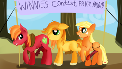 Size: 1280x720 | Tagged: explicit, artist:jbond, applejack, banner, big macintosh, braeburn, colt, colt big macintosh, contest, earth pony, female, filly, foal, foalcon, g4, imported from derpibooru, male, nudity, penis, penis size, penis size difference, pony, raised hoof, sex toy, smiling, stallion, strapon, text, trio, younger