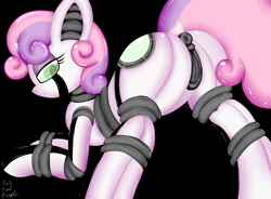 Size: 3800x2800 | Tagged: explicit, artist:paulpeopless, sweetie belle, anatomically correct, anus, ass up, black background, butt, dock, face down ass up, female, filly, foal, foalcon, g4, high res, hooves, horn, imported from derpibooru, looking at you, looking back, nudity, plot, ponut, pony, robot, robot pony, shiny, simple background, solo, solo female, sweetie bot, unamused, unicorn, vulva
