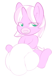 Size: 981x1355 | Tagged: explicit, artist:lamia, oc, oc:lamia, baby, babycon, balls, big balls, crotch bulge, diaper, diaper bulge, foal, foalcon, futa, futa oc, imported from derpibooru, impossibly large balls, impossibly large penis, intersex, lamia did it again, nudity, oc only, pacifier, penis, solo, solo futa