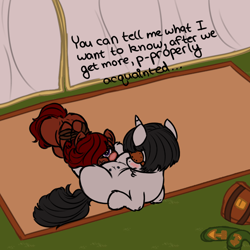 Size: 1000x1000 | Tagged: explicit, artist:hipsanon, oc, oc:ruby rouge, oc:uictoria, bound, child, color, color edit, colored, colt quest, crotchboobs, demon hunter, dubious consent, edit, evening, eyepatch, female, filly, foal, foalcon, imported from derpibooru, inquisitor, interrogation, lesbian, mare, nipples, nudity, oc only, oral, pony, prisoner, rope, ropes, sex, tent