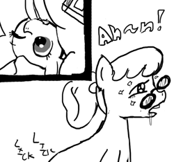 Size: 640x600 | Tagged: explicit, artist:ficficponyfic, oc, oc:emerald jewel, oc:loupe, /ss/, adult, blushing, bush, child, colt, colt quest, cutie mark, drool, earth pony, female, foal, foalcon, gasp, glasses, hair over one eye, head between legs, imported from derpibooru, male, monochrome, nudity, oc only, on back, one eye closed, oral, pony, ponytail, sex, smiling, sparkles, story included, straight, straight shota, vagina