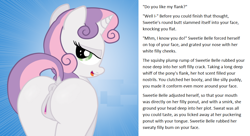 Size: 1130x614 | Tagged: explicit, artist:an-tonio, artist:lord waite, sweetie belle, anus, ass worship, bedroom eyes, blank flank, butt, dock, edit, facesitting, female, femdom, foalcon, foaldom, g4, imported from derpibooru, lidded eyes, looking at you, looking back, nudity, oral, plot, ponut, presenting, seductive, sex, solo, solo female, story included, sweetie butt, text, vulva