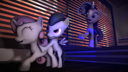 Size: 3840x2160 | Tagged: explicit, artist:viranimation, rarity, sweetie belle, 3d, balls, caught, filly on colt, foalcon, g4, high res, imported from derpibooru, male, nudity, penis, rumble, sex, ship:rumbelle, shipping, shocked, source filmmaker, straight