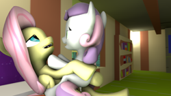 Size: 3840x2160 | Tagged: explicit, artist:viranimation, fluttershy, sweetie belle, 3d, cum, foalcon, futa, futa fluttershy, futa on futa, g4, happy sex, high res, imported from derpibooru, intersex, nudity, penetration, penis, sex, ship:flutterbelle, shipping, source filmmaker, vaginal