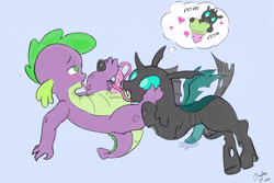 Size: 3000x2000 | Tagged: explicit, artist:osakaoji, spike, age difference, alternate version, ball worship, balls, balls fetish, blowjob, blue penis, blushing, changeling, changeling x dragon, cute, cute porn, dragon, foalcon, g4, gay, genitals, glowing genitals, glowing penis, heart, high res, imported from derpibooru, interspecies, licking, licking cock, male, nudity, older, older spike, oral, penis, prehensile tongue, purple background, sex, ship:thoraxspike, shipping, simple background, spikeling, spikelove, thorabetes, thorax, thought bubble, tongue out, underhoof, wingless spike