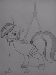 Size: 1920x2560 | Tagged: explicit, artist:subimaru_kai, oc, oc:snowy, anal insertion, arm behind back, ballgag, bdsm, bondage, buttplug, chastity, chastity cage, drool, female, foalcon, gag, imported from derpibooru, insertion, monochrome, nudity, oc only, orgasm denial, pony, sex toy, solo, solo female, spreader bar, tail holder, tail wrap, traditional art, unicorn, vaginal secretions, vulva