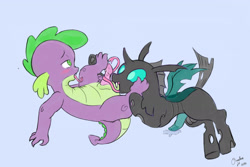 Size: 3000x2000 | Tagged: explicit, artist:osakaoji, spike, age difference, ball worship, balls fetish, blowjob, blue penis, blushing, changeling, dragon, foalcon, g4, gay, glazed dick, glowing genitals, glowing penis, high res, imported from derpibooru, licking, licking cock, male, nudity, oral, penis, precum, prehensile tongue, sex, ship:thoraxspike, shipping, thorax, tongue out, wingless spike