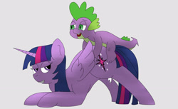 Size: 3204x1961 | Tagged: explicit, artist:mackstack, spike, twilight sparkle, alicorn, cum, foalcon, g4, imported from derpibooru, male, nudity, obscured penetration, penetration, pony, sex, ship:twispike, shipping, simple background, softcore, straight, vaginal