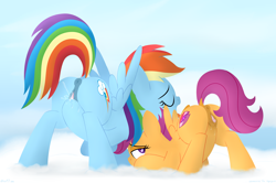 Size: 3860x2560 | Tagged: explicit, artist:dtcx97, rainbow dash, scootaloo, age difference, anatomically correct, anus, ass up, butt, clitoris, cloud, commission, cutie mark, dark genitals, dock, duo, duo female, face down ass up, female, filly, foal, foalcon, g4, high res, imported from derpibooru, lesbian, looking back, mare, mare on filly, masturbation, nudity, open mouth, orgasm, pegasus, plot, ponut, pony, presenting, rainbutt dash, scootabutt, ship:scootadash, shipping, squirting, the cmc's cutie marks, vaginal secretions, vulva, vulvar winking