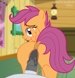 Size: 1402x1442 | Tagged: explicit, artist:shutterflyeqd, scootaloo, anatomically correct, anus, bedroom eyes, blushing, butt, clitoris, colt, colt on filly, dark genitals, dock, dripping, female, filly, foal, foalcon, g4, imported from derpibooru, looking at you, looking back, male, male pov, nudity, offscreen character, penetration, plot, pony, pony on pony action, pov, rumble, sex, ship:rumbloo, shipping, show accurate, show accurate porn, signature, spreading, straight, table, underhoof, vaginal, vaginal secretions, vector, vulva, vulvar winking, wet, wingboner