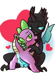 Size: 1280x1796 | Tagged: explicit, artist:sunnyhoneyart, spike, aftersex, age difference, alternate version, anal, and then spike was gay, anus, balls, blue, blue penis, changeling, cum, dragon, foalcon, g4, gay, glowing genitals, glowing penis, heart, hotdogging, imported from derpibooru, male, my little pony: friendship is magic, nudity, penetration, sex, ship:thoraxspike, shipping, simple background, size difference, the times they are a changeling, thorax, transparent background
