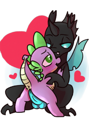 Size: 1280x1796 | Tagged: explicit, artist:sunnyhoneyart, spike, anus, balls, blue penis, butt, changeling, dragon, eye contact, foalcon, g4, gay, genitals, glowing genitals, glowing penis, heart, hotdogging, imminent sex, imported from derpibooru, male, my little pony: friendship is magic, nudity, penis, ship:thoraxspike, shipping, simple background, simplistic anus, size difference, the times they are a changeling, thorax, transparent background