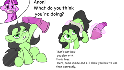 Size: 3536x2000 | Tagged: explicit, twilight sparkle, oc, oc:anon, oc:filly anon, 2 panel comic, alternate mane color, artist needed, comic, dildo, female, filly, foal, foalcon, g4, high res, imagination, imminent foalcon, imminent rape, imminent sex, implied foalcon, implied rape, implied sex, imported from derpibooru, innocent, magic, magic abuse, pony, sex toy, simple background, this will end in jail time, this will end in tears, twilight is a foal fiddler, white background