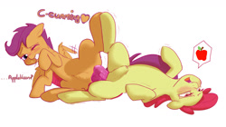 Size: 2400x1344 | Tagged: explicit, artist:crade, apple bloom, scootaloo, abdominal bulge, ahegao, announcing ejaculation, buy some apples, dildo, doubleheaded dildo, duo, earth pony, female, filly, filly on filly, foal, foalcon, g4, imported from derpibooru, insertion, lesbian, mind break, open mouth, pegasus, pictogram, pony, sex toy, ship:scootabloom, shipping, simple background, vaginal insertion, white background