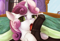 Size: 1560x1080 | Tagged: explicit, artist:sadieyule, sweetie belle, bed, bedroom eyes, big penis, blowjob, drool, erection, female, floppy ears, foalcon, g4, horn, horsecock, imported from derpibooru, licking, licking cock, looking at you, male, nudity, open mouth, oral, penis, pony, sex, straight, style emulation, tongue out, under the covers, unicorn