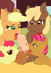 Size: 800x1142 | Tagged: explicit, artist:atane27, artist:deserter, apple bloom, applejack, babs seed, bipedal, blowjob, blushing, carabloom, caramel, cock worship, color edit, colored, cum, edit, edited edit, female, foalcon, g4, group sex, imported from derpibooru, male, male pov, multiple blowjob, nudity, offscreen character, oral, penis, ponified, ponified pony pets, pony, pov, sex, ship:carajack, shipping, stallion on filly, straight, sweet apple acres, triple blowjob, vaginal secretions, winona