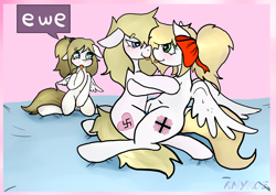 Size: 3507x2480 | Tagged: explicit, artist:anykoe, oc, oc:aryanne, oc:kyrie, oc:luftkrieg, aryan, aryan pony, balkenkreuz, bed, blonde, commission, dildo, drool, drool string, earth pony, ewe, female, females only, filly, floppy ears, foal, foalcon, hair bow, heart, high res, imported from derpibooru, lesbian, mare, masturbation, nazi, nazipone, oc only, pegasus, pony, sex toy, sitting, swastika, vaginal secretions