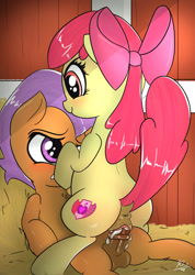 Size: 1280x1797 | Tagged: explicit, artist:ohiekhe, apple bloom, anus, apple bloom's bow, balls, blushing, bow, colt, cowgirl position, creampie, cum, cumming, earth pony, female, filly, filly on colt, foal, foalcon, g4, hair bow, hands free, horsecock, imported from derpibooru, male, nudity, orgasm, penetration, penis, ponut, pony, sex, ship:tenderbloom, shipping, simultaneous orgasm, straight, tender taps, the cmc's cutie marks, vaginal, vaginal creampie, vaginal orgasm, vulva