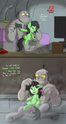 Size: 2000x3750 | Tagged: explicit, artist:lemon, oc, oc:anon, oc:filly anon, afterglow, aftersex, anatomically correct, angry, balls, bath, bed, before and after, canine penis, chips, comb, combing, combing hair, comic, controller, creampie, crotchboobs, cum, cum in water, cum on penis, cum string, cumming, cute, cute porn, dialogue, diamond dog, diamond dog on filly action, diamond dog on pony action, doritos, drip, dripping, female, female orgasm, filly, filly on diamond dog action, flaccid, floppy ears, foal, foalcon, food, frown, g4, genitals, glare, high res, imported from derpibooru, interspecies, joystick, knot, male, nipples, nudity, oc only, open mouth, orgasm, orgasm cumshot, penis, pepe the frog, pony, sheath, sheathed, sitting, snacks, squirting, talking, vaginal secretions, video game, vulgar, vulva, wet