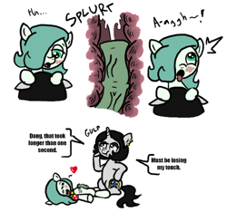 Size: 640x600 | Tagged: explicit, artist:ficficponyfic, oc, oc:emerald jewel, oc:joyride, /ss/, adult, amulet, bed, bedroom eyes, blowjob, blushing, child, color, color edit, colored, colt, colt quest, comic, cum, cum in mouth, cumming, cutie mark, cyoa, ear piercing, earth pony, edit, eyes closed, eyeshadow, female, flared, foal, foalcon, heart, horn, horsecock, imported from derpibooru, makeup, male, mare, medial ring, moaning, nudity, oc only, oral, orgasm, penis, piercing, pony, sex, simple background, story included, straight, straight shota, swallowing, tongue out, too hot for putin, unicorn, white background
