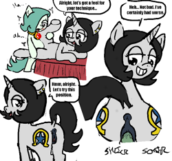 Size: 640x600 | Tagged: explicit, artist:ficficponyfic, oc, oc:emerald jewel, oc:joyride, /ss/, adult, amulet, anus, bed, blushing, child, color, color edit, colored, colt, colt quest, comic, cyoa, dock, ear piercing, earth pony, edit, female, foal, foalcon, horn, imported from derpibooru, male, mare, nudity, oc only, penetration, penis, piercing, pony, riding, sex, story included, straight, straight shota, unicorn, vagina, vaginal