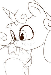 Size: 571x840 | Tagged: explicit, artist:jonathan the awesome, sweetie belle, biting, derpibooru exclusive, female, filly, foal, foalcon, foreskin, freckles, g4, human, human male, human male on filly, human male on mare, human on pony action, human penis, imported from derpibooru, interspecies, male, monochrome, nom, nudity, penis, penis biting, pony, simple background, sketch, straight